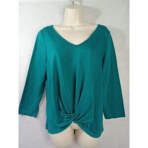 status by chenault Womens Large Long Sleeve Tee Shirt Green Knotted Front V Neck